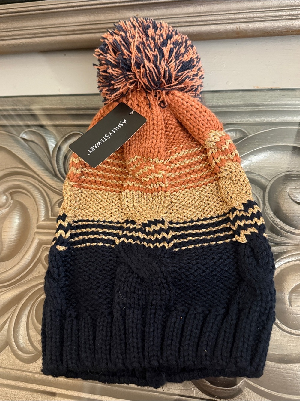 Ashley Stewart Kids Striped Pom Beanie - Orange, Gold & Black